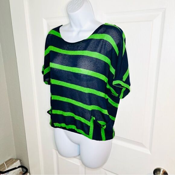 Chris & Carol Open Knit Dolman Short Sleeve Green Stripe Sweater Navy Blue S - Picture 5 of 11